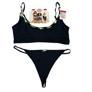 Parade Two Piece Black Bra & Thong Lingerie Small Floral Embellished Stretch Fit